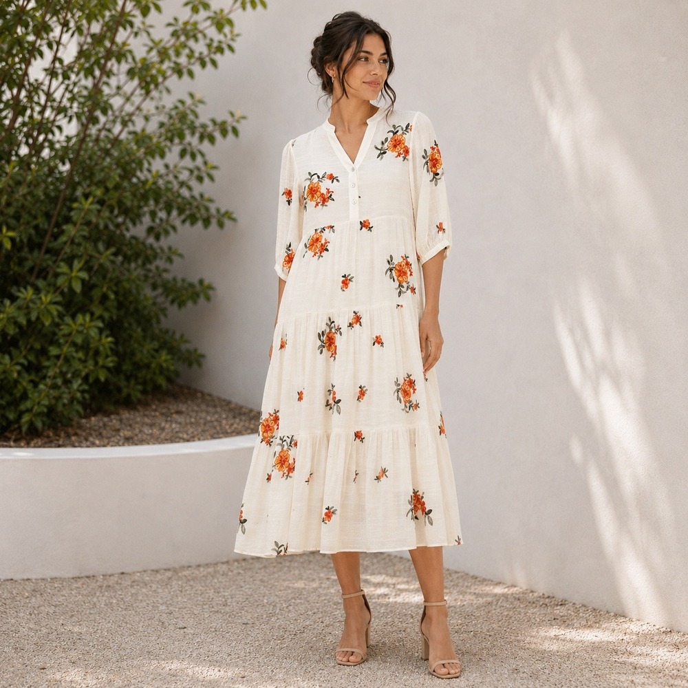 Figueroa & Flower Floral Embroidered Tiered Midi Dress Sz S Boho Cottage Fairy